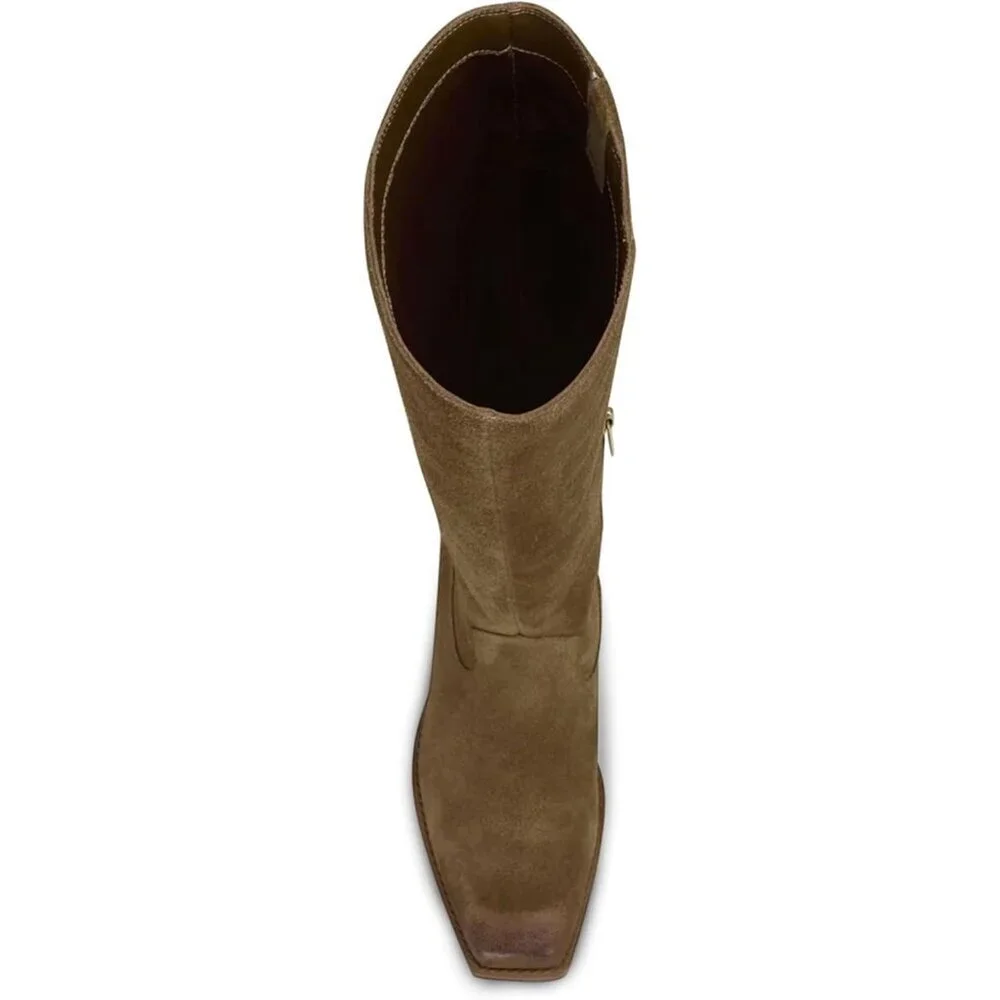 Women Dusty Green Polyurethane Knee High Square Toe Side Zipper Block Heel Boot